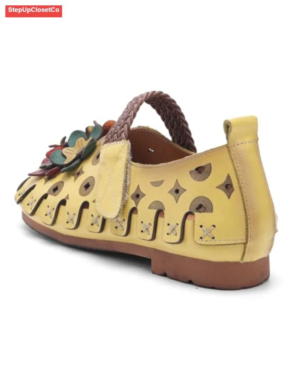 Womens Flats Cowhide Woven Mary Jane Breathable Closed Toe Walking Shoes